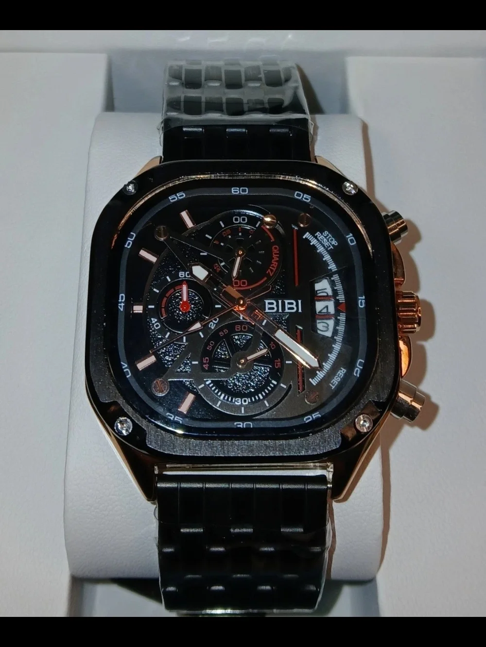 BIBI Mens Modern Square Case Quartz Watch Rose Gold Accent Black Steel Band NEW